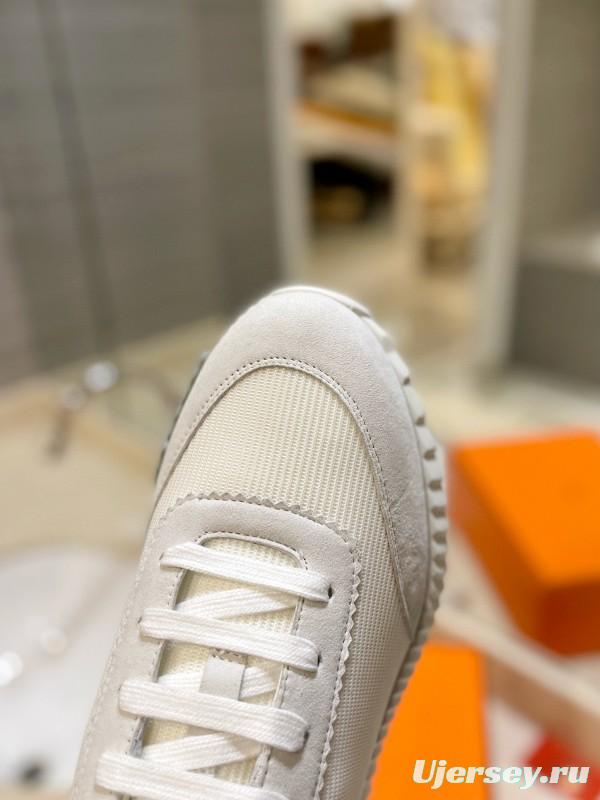 2024 Unisex Hermès White Cream Imported Silky Goat Suede Nylon Sneakers MJ00320