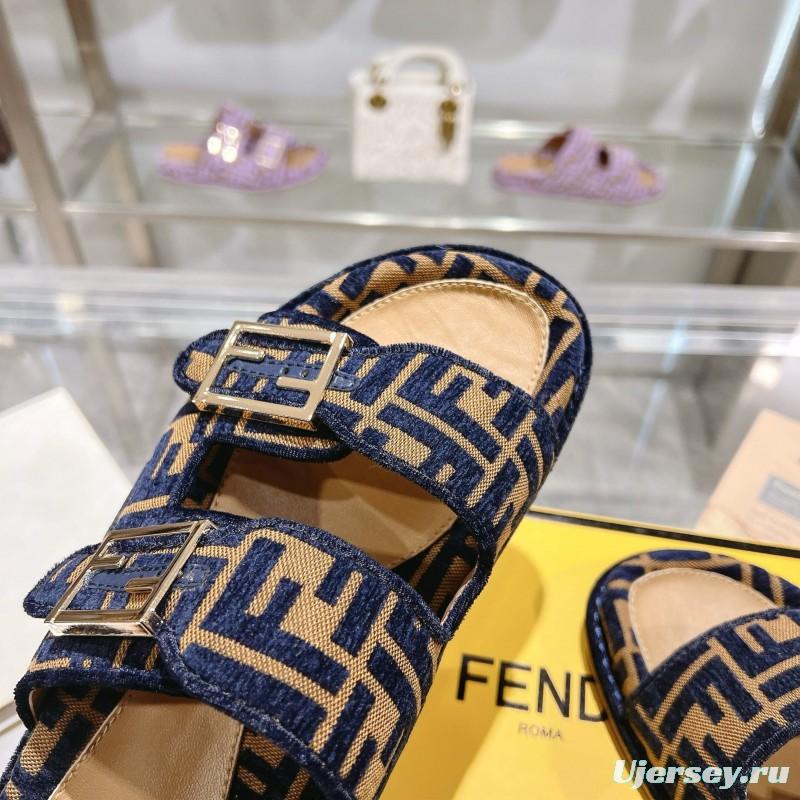2025 Slippers Fendi Blue Brown Jacquard Buckle KFY00250