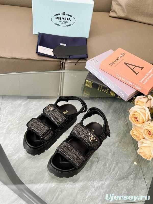 2025 Women Prada Black Woven Leather Platform Sandals LY00300