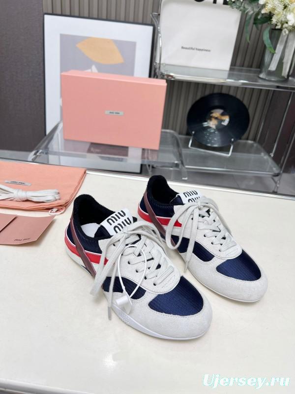 2025 Women Miu Miu Navy White Red Suede Fabric Sneakers LY00