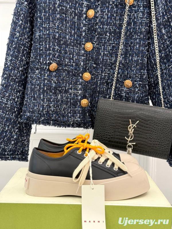 2025 Women Marni Black Leather Platform Sneakers With Contrast Laces LY00360(F)