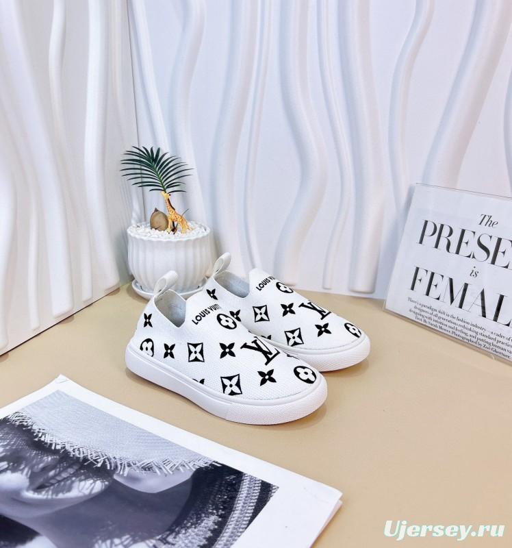 2024 Kids Louis Vuitton White Black Pink Canvas Slip-On Sneakers