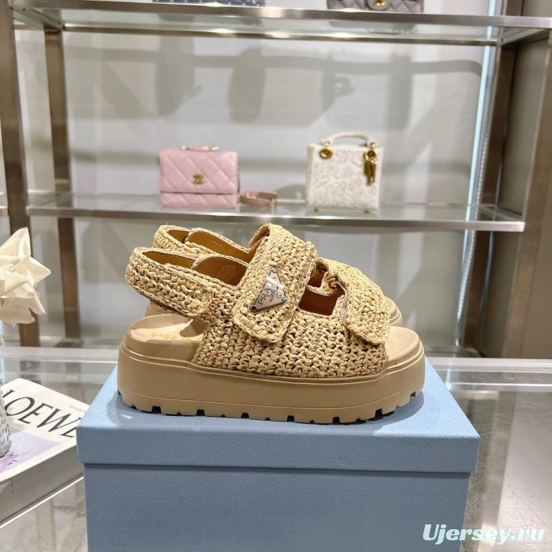 2025 Women Prada Beige Woven Leather Platform Sandals