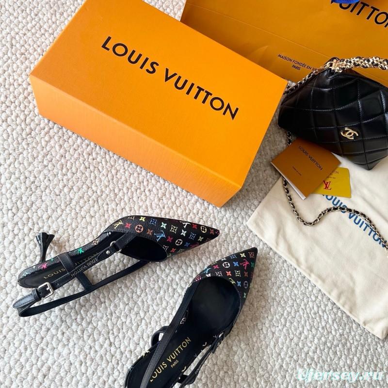 2025 Women Louis Vuitton Multicolor Canvas Leather Slingback Heels KFY00300