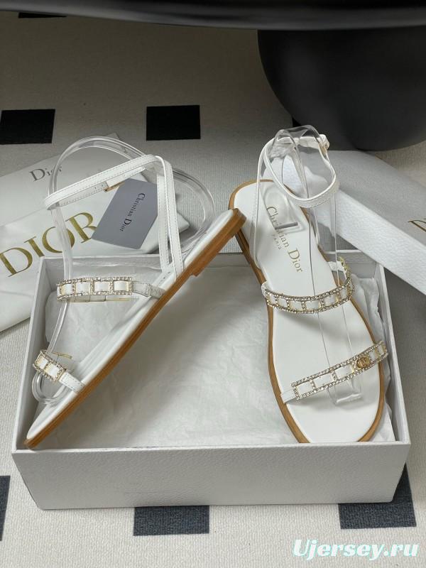 2025 Women Dior White Leather Flat Sandals Crystal Embellishment