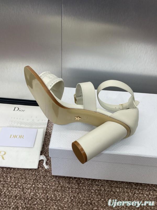 2025 Women Dior White Calfskin Leather Embroidered Sandals KFY00320