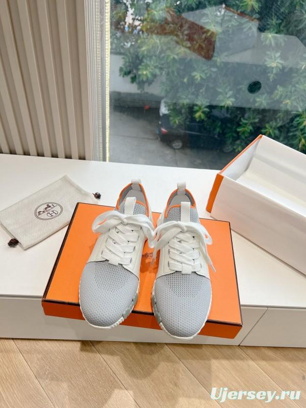 2024 Unisex Hermès Gray White Orange Calf Leather Suede Knit Sneakers MJ00290