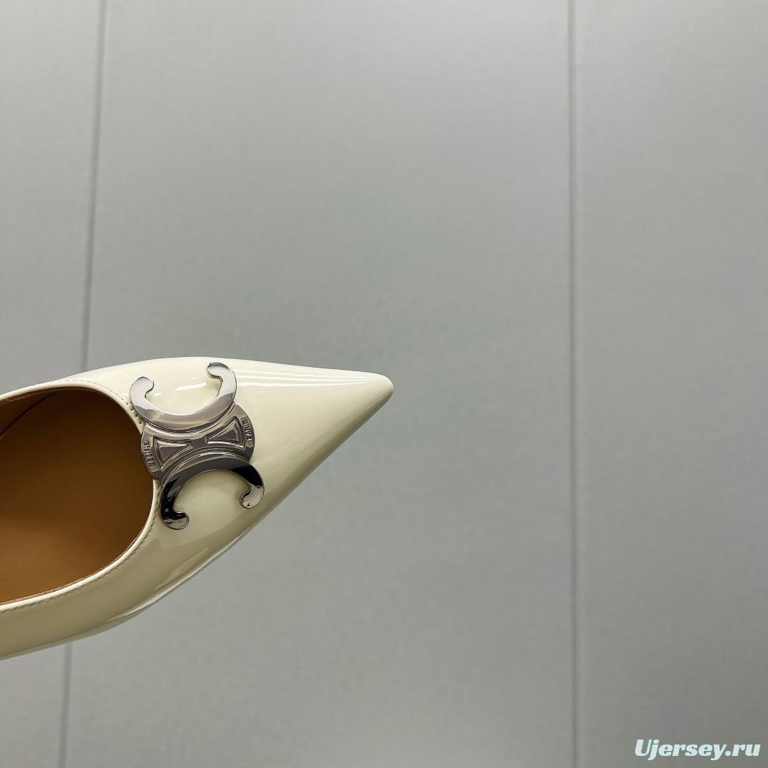 2025 Women Celine White Patent Leather Kitten Heel Pointed Toe Trimed KFY00290