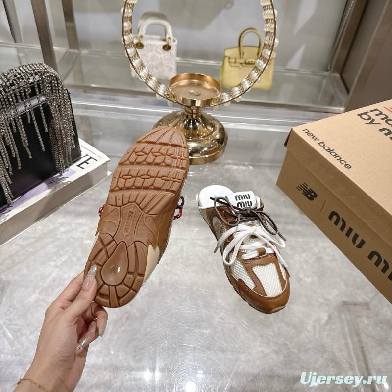 2025 Women Miumiu Brown White Leather Mesh Sneakers