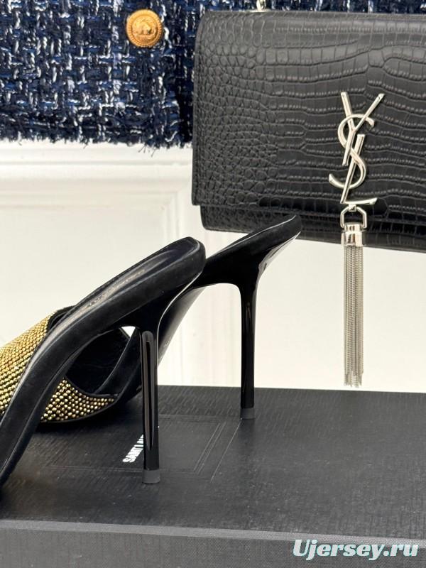 2025 Women Yves Saint Laurent Black Gold Leather High Heel Slip-On LY00300