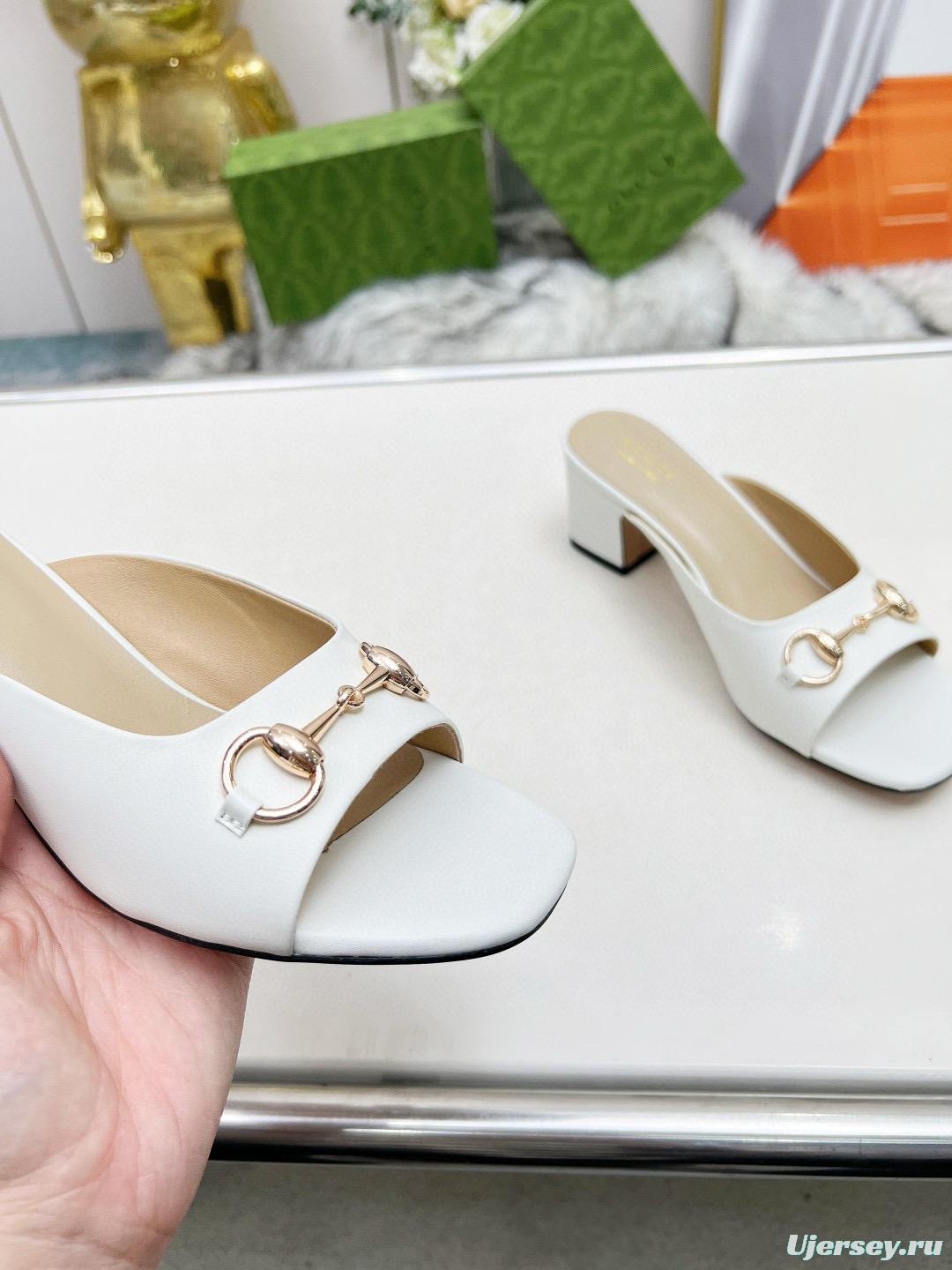2025 Women Gucci White Leather Heeled Slippers MJ00180