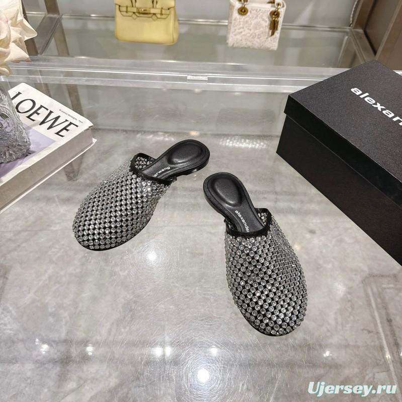 2025 Slippers Alexander Wang Black Crystal Mesh Leather Slippers LY00310