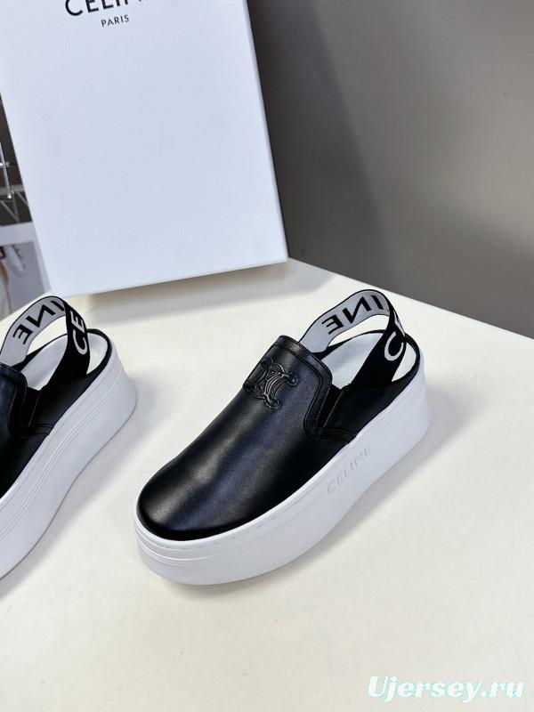 2025 Women CELINE Black White Leather Slip-On Sneakers LY00280
