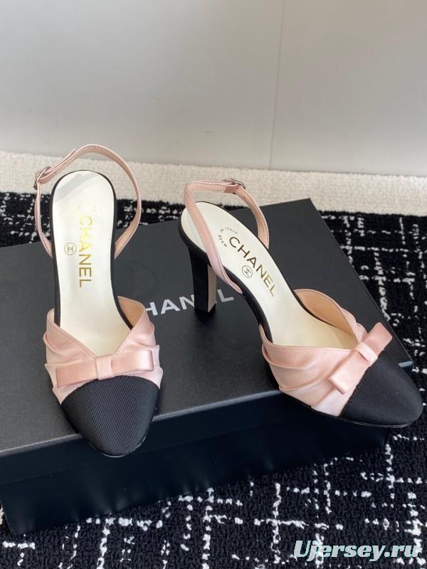 2025 Women Chanel Pink Black Satin Leather Slingback Heels KFY00289
