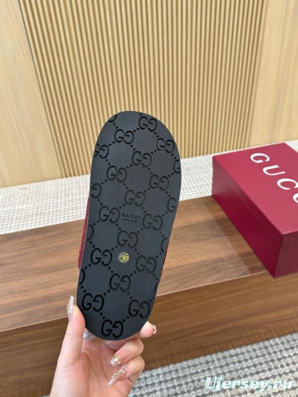 2025 Women Gucci Red Suede Leather Sandals Double Buckle LY00260