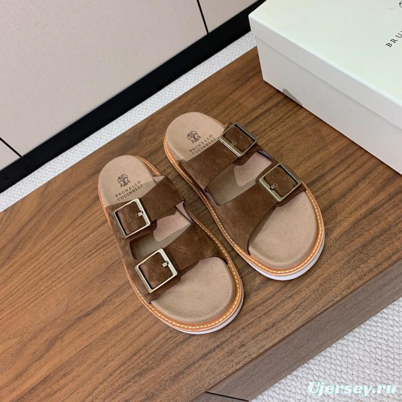 2025 Unisex Brunello Cucinelli Brown Suede Leather Slippers KFY00250