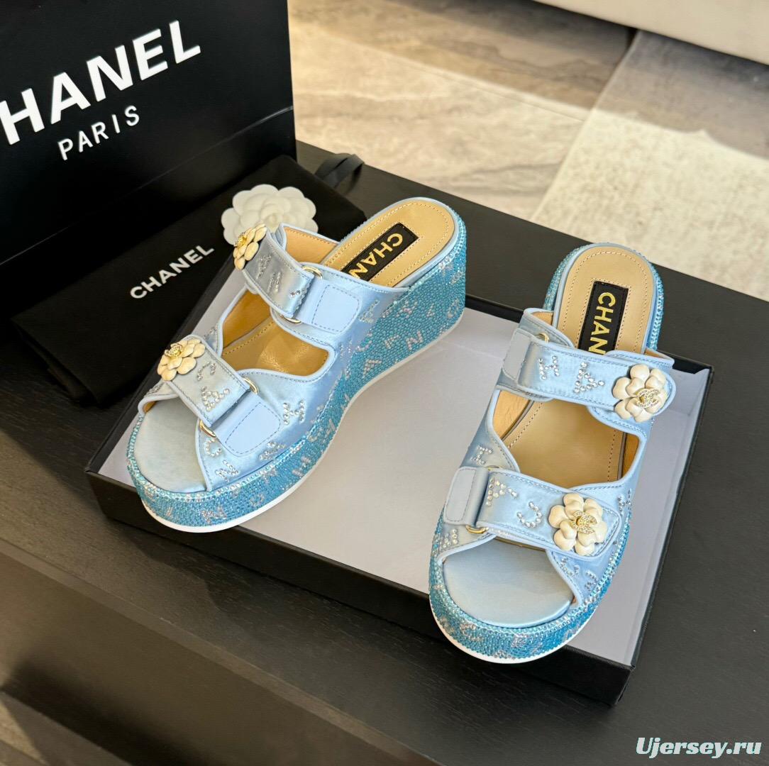 2025 Women Chanel Blue Denim Leather Platform Slippers LY00330