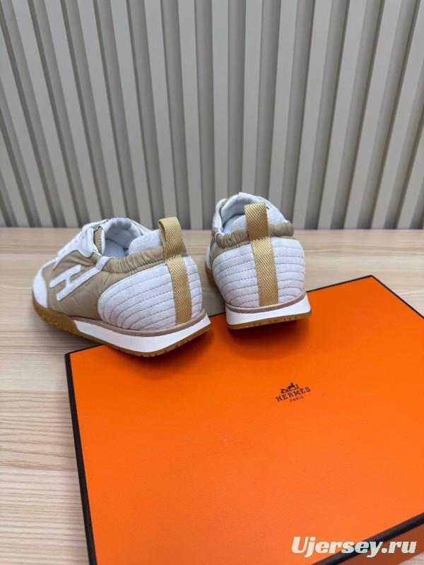2025 Unisex Hermès White Beige Suede Goat Leather Sneakers Top Version LY00310