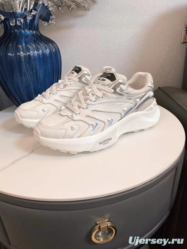 2024 Unisex Valentino White Silver Mesh Leather Sneakers MJ00410