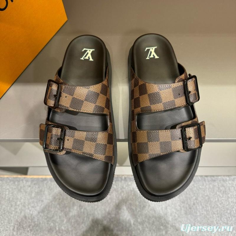 2024 Slippers Louis Vuitton Brown Black Leather Checkered Buckle MJ00210