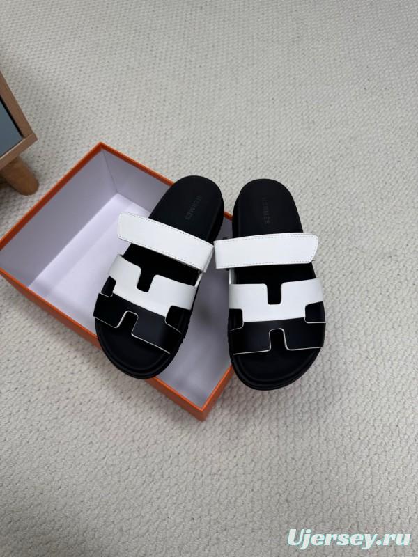 2025 Slippers Hermès White Black Leather Slippers