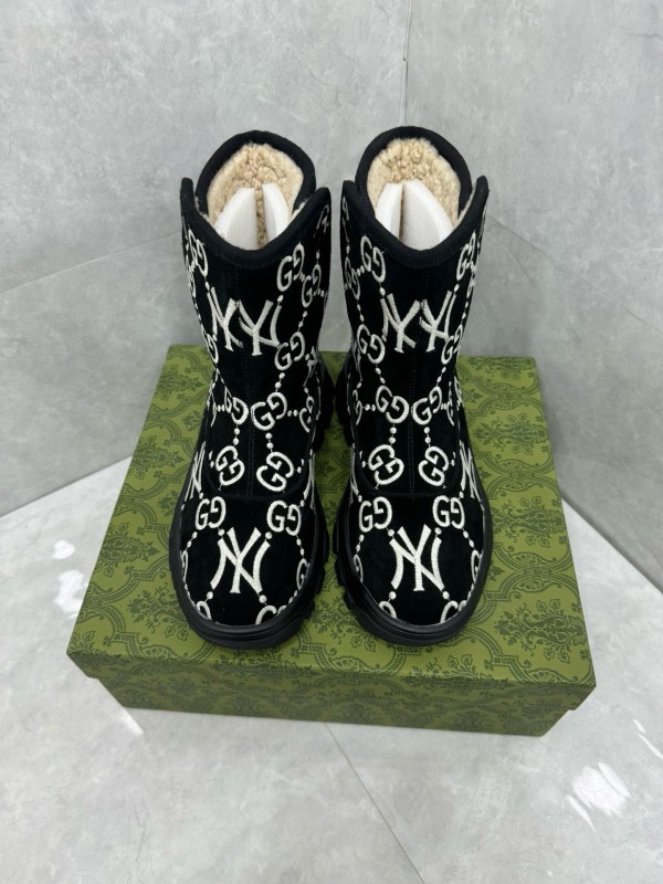 2024 Women Gucci Black White Suede Snow Boots GG NY Embroidery MJ00370