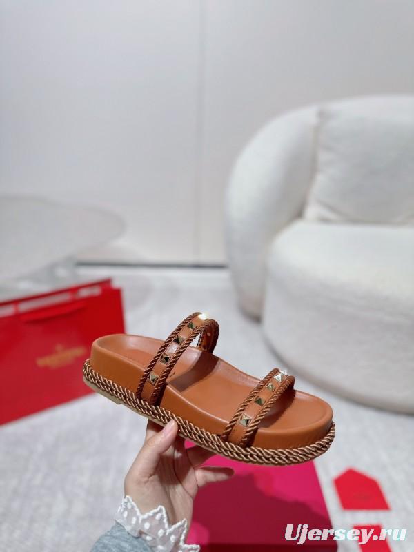 2025 Women Valentino Brown Leather Sandals Rope Braided LY00250