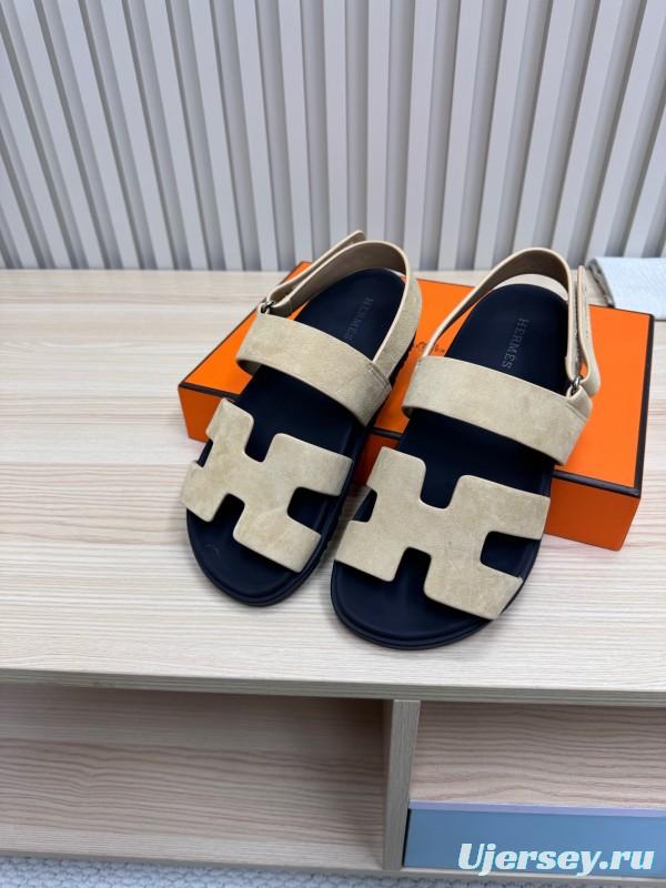 2025 Slippers Hermès Beige Black Suede Leather Sandals