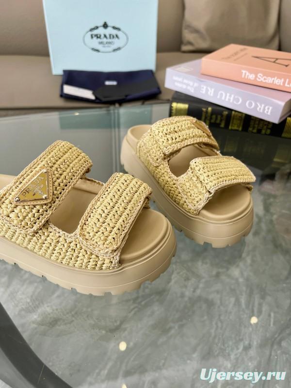 2025 Prada Beige Raffia Slippers LY00290
