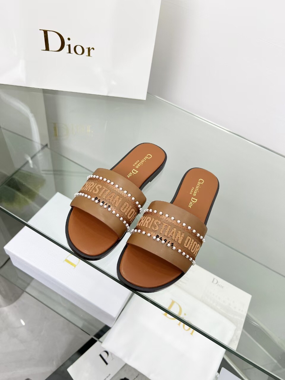 2025 Slippers Dior Brown Leather Women Slide Pearl LY00190