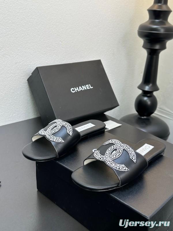 2025 Women Chanel Black Leather Rhinestone Logo Slide Sandals LY00360(F)