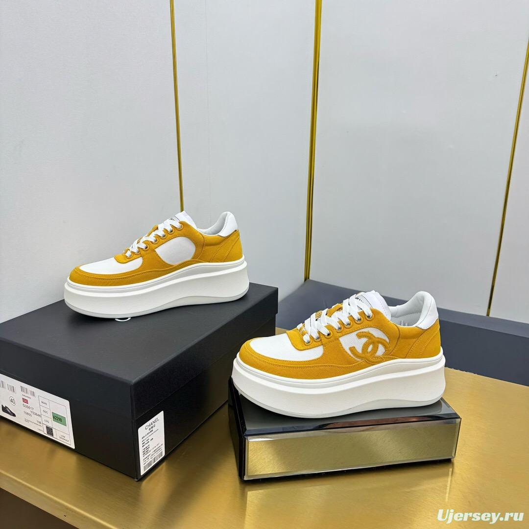 2025 Women Chanel Yellow White Canvas Leather Platform Sneakers