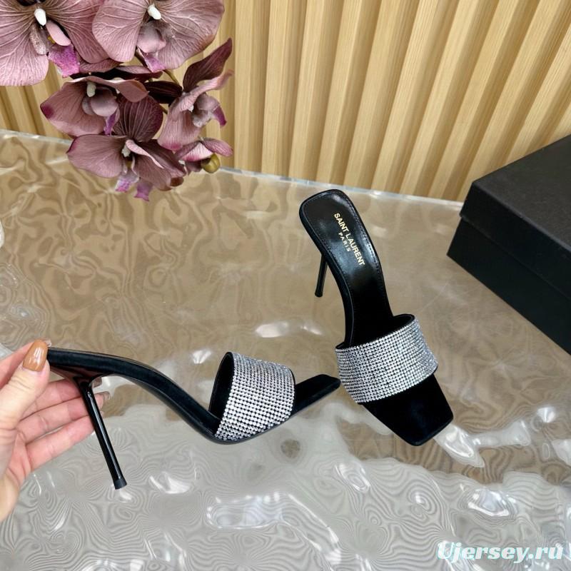 2025 Women Yves Saint Laurent Black Crystal Fabric High Heel Sandals MJ00300