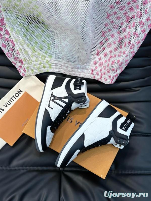 2024 Men Louis Vuitton Black White Leather High Top Sneakers MJ00420