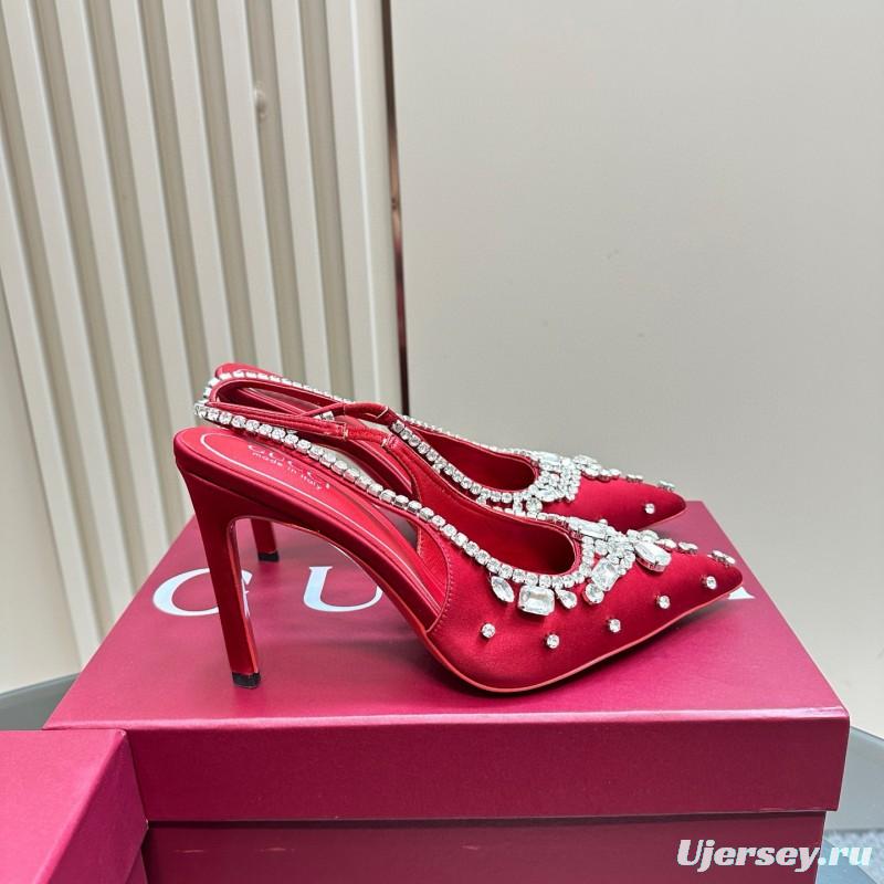 2025 Women Gucci Red Satin High Heel Slingback Crystal MJ00340