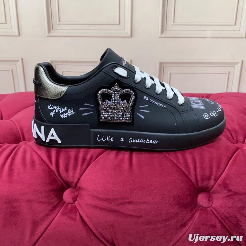 2025 Men Dolce & Gabbana Black Silk Leather Sneakers Crown Embellishment LY00360