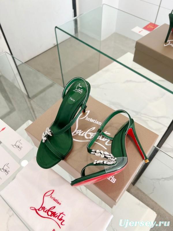 2025 Women Christian Louboutin Green Silk High Heel Crystal Sandal LY00300