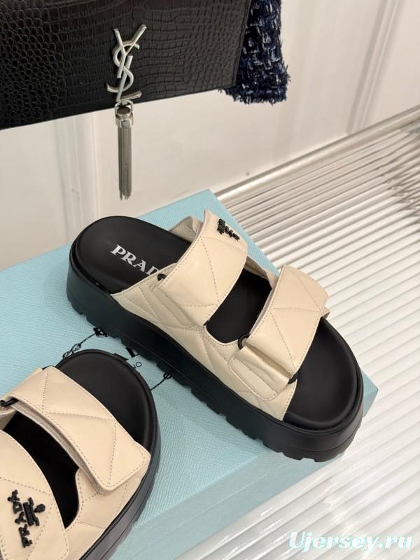 2025 Slippers Prada Beige Leather Magic Tape Platform Thick Sole