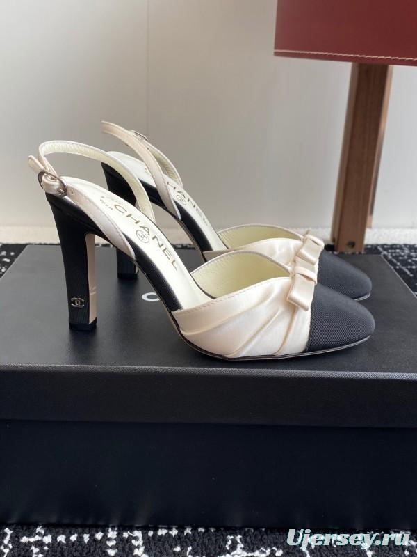 2025 Women Chanel Black White Satin Leather Slingback Heels