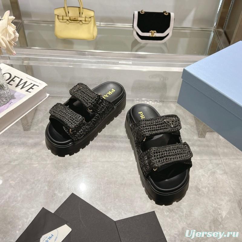 2025 Women Prada Black Woven Leather Sandals LY