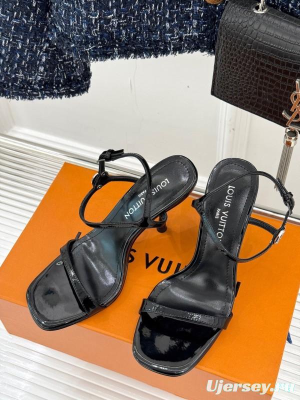 2025 Women Louis Vuitton Black Leather High Heel Sandals