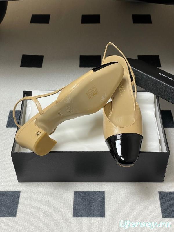 2025 Women Chanel Beige Black Leather Sling-back Classic Heel