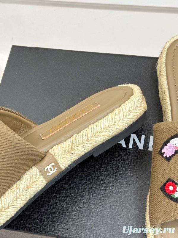2025 Women Chanel Khaki Embroidered Lambskin Slippers KFY00230