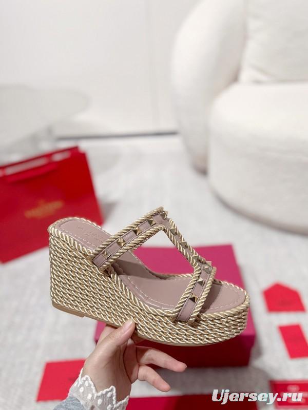 2025 Women Valentino Beige Rope Leather Wedge Sandals LY00290
