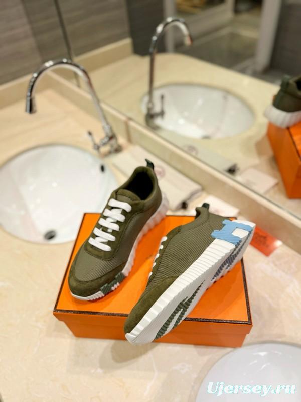 2024 Unisex Hermès Green Khaki Imported Silk Leather Sneakers MJ00320