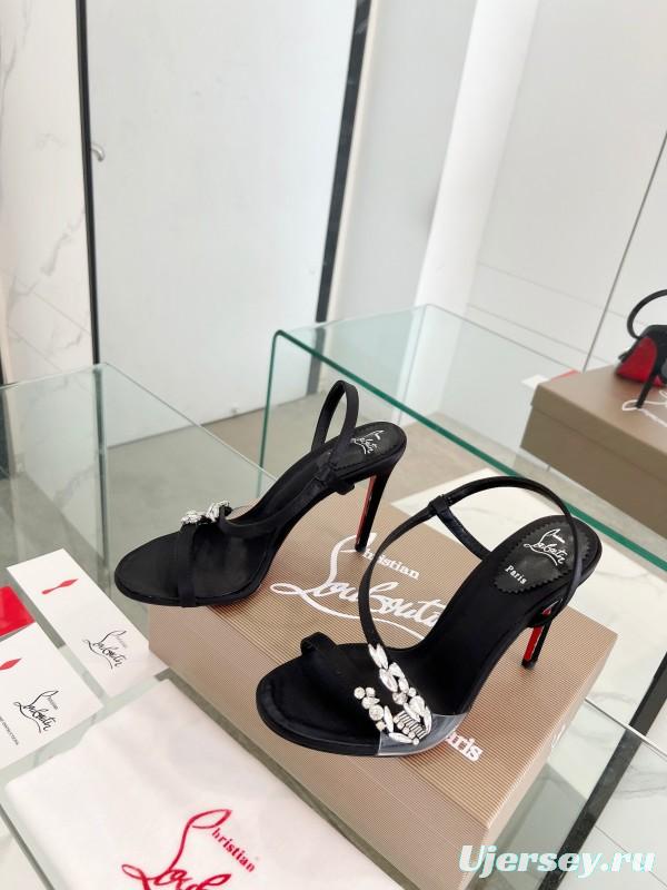 2025 Women ChristianLouboutin Black Satin High Heel Sandals Crystal Embellishment LY00300