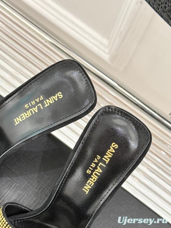 2025 Women Yves Saint Laurent Black Gold Leather High Heel Slip-On LY00300