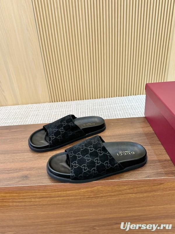 2025 Women Gucci Black Suede Leather Slippers