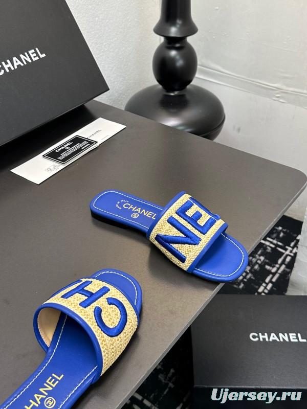 2025 Women CHANEL Blue Beige Canvas Slippers