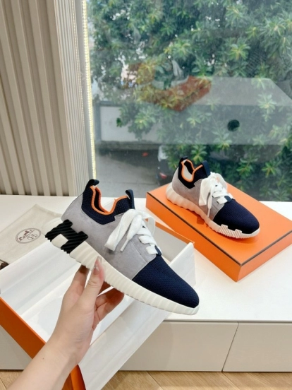 2024 Unisex Hermès blue grey orange knit leather sneakers